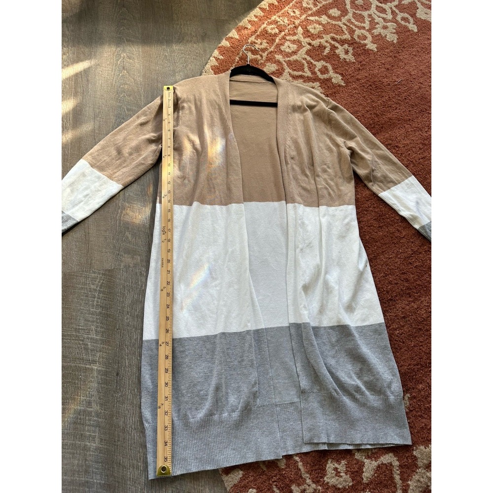 Unbranded Tan White Grey Longline Open Front‎ Cardigan L Large - Picture 3 of 6